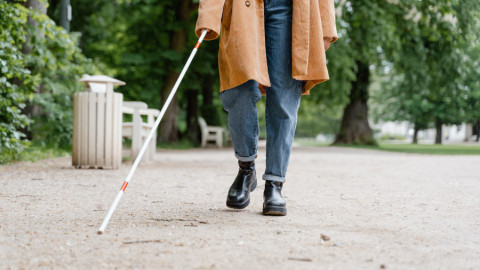 Een persoon loopt over een wandelpad in een park met geleidestok.