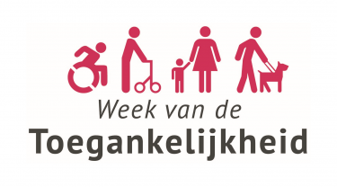 Logo van de Week van de Toegankelijkheid met vier iconen die mensen met een beperking illustreren. Iemand in een rolstoel, iemand met een rollator, een vrouw met een klein kind aan haar hand en een persoon met een blindegeleidehond.