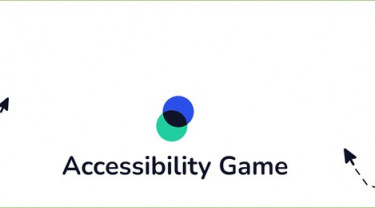 het logo van Accessibility is in beeld met de tekst Accessibility game eronder, ook zie je nog twee pijltjes en een oogje in beeld