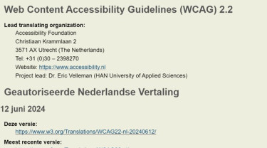 Een screenshot van de WCAG richtlijnen 2.2 waarop staat dat de vertaling naar het Nederlands geleid is door Stichting Accessibility en gepubliceerd op 12 juni 2024