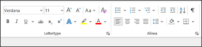 Figuur 1. Het opmaakblokje in de bovenbalk van Word, bestaande uit opmaak voor Lettertype en Alinea.
